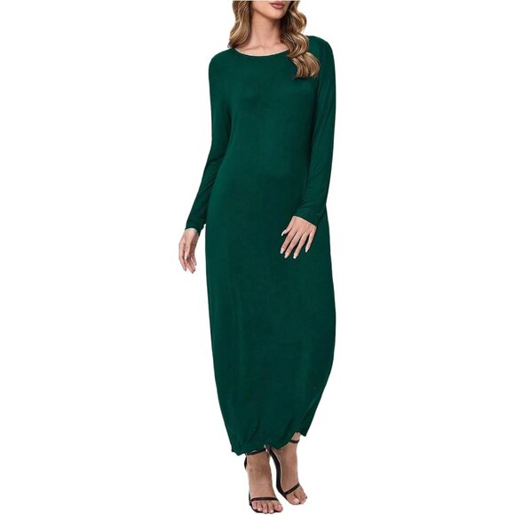 Dresses & Skirts - Women's Dark Green Maxi Dress Viscose Elastane Casual Lounge Vacation